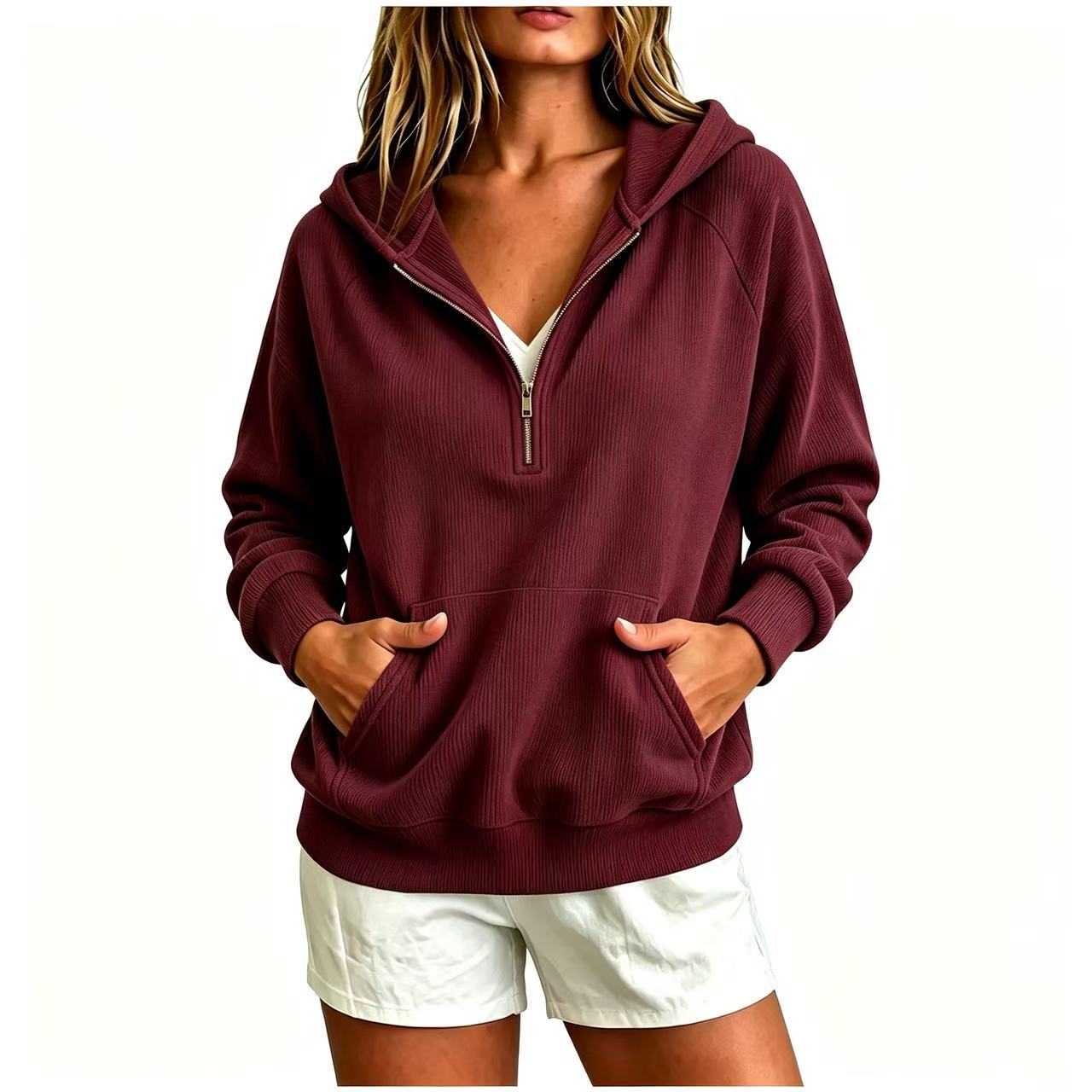 Corduroy Hooded Zip-Up Sweatshirt for Women
