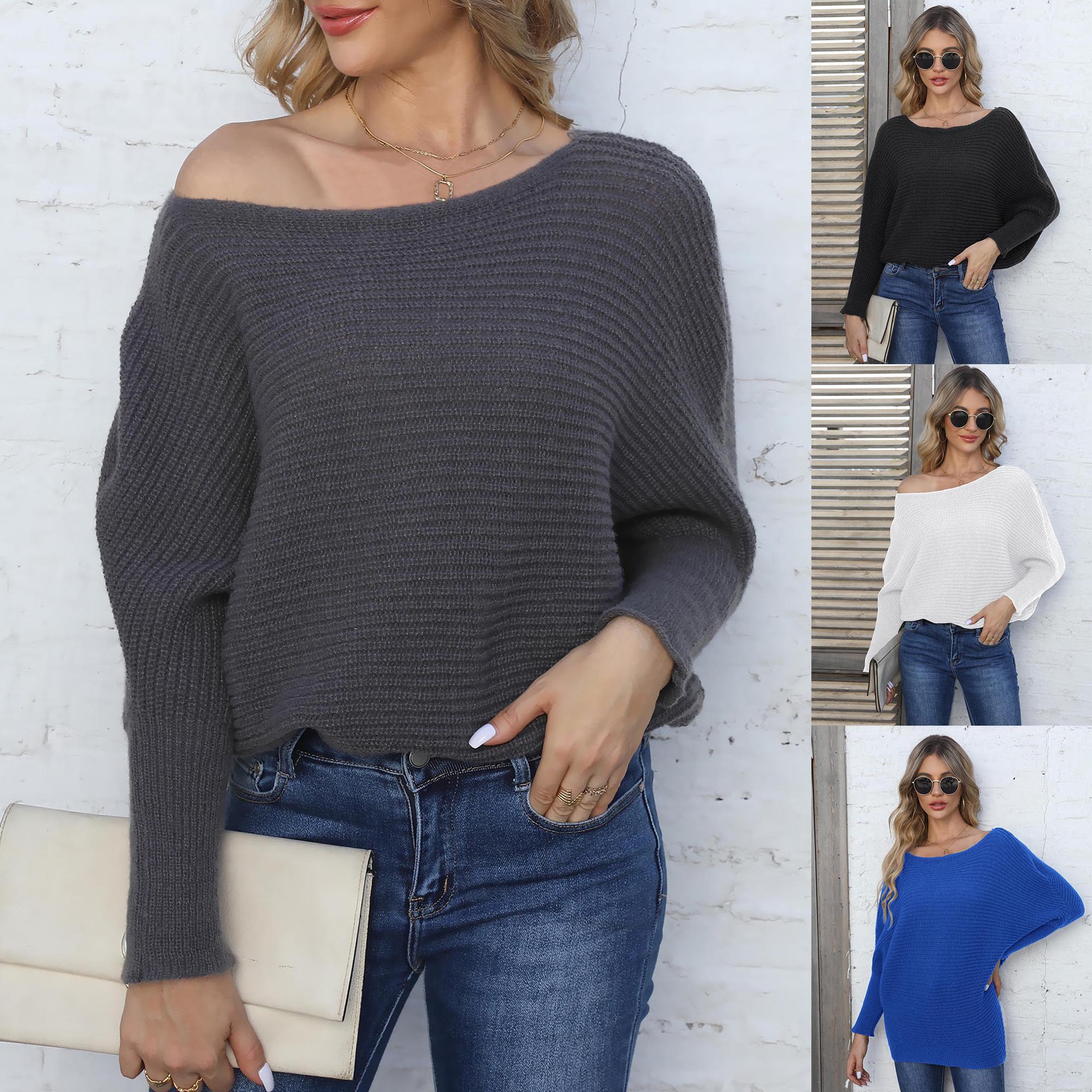 Women's Striped Batwing Sleeve Off-Shoulder Knit Sweater