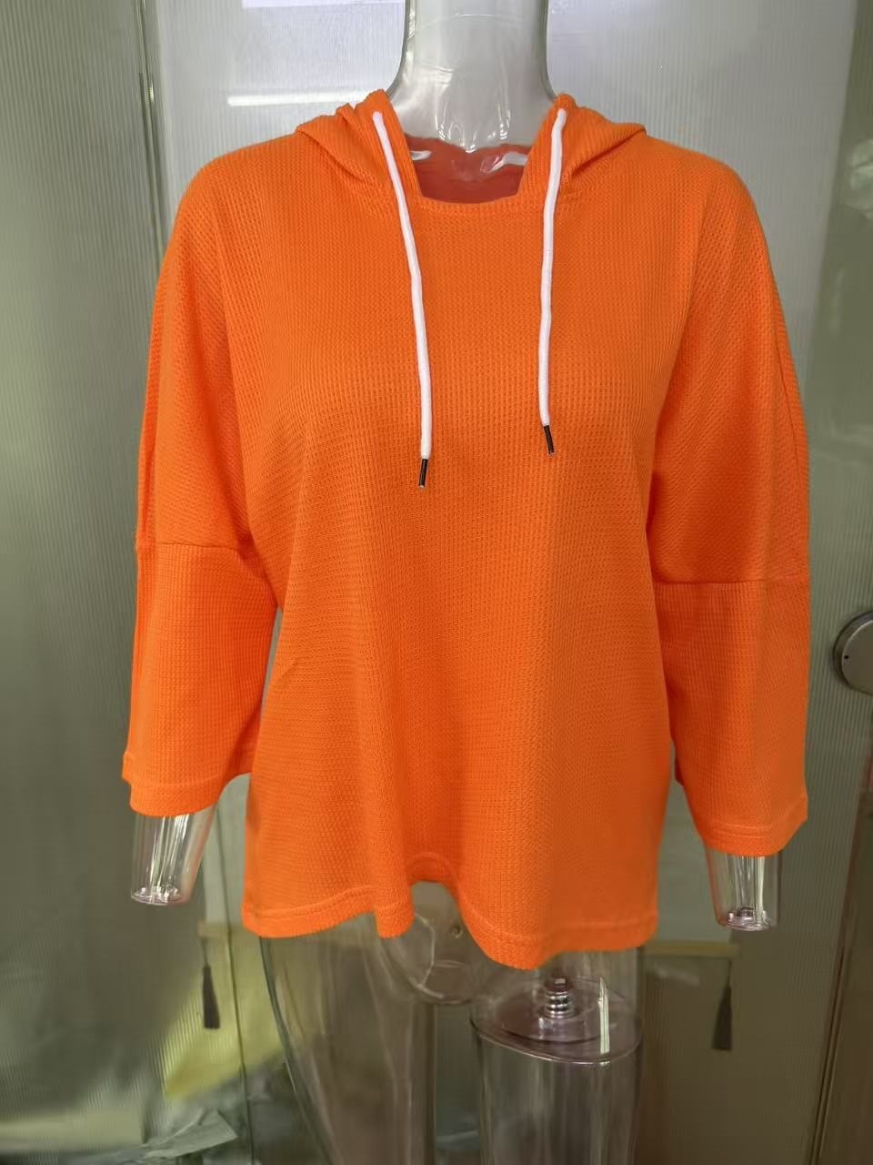 Women's Waffle Knit Hooded Drawstring Sweatshirt Loose Fit