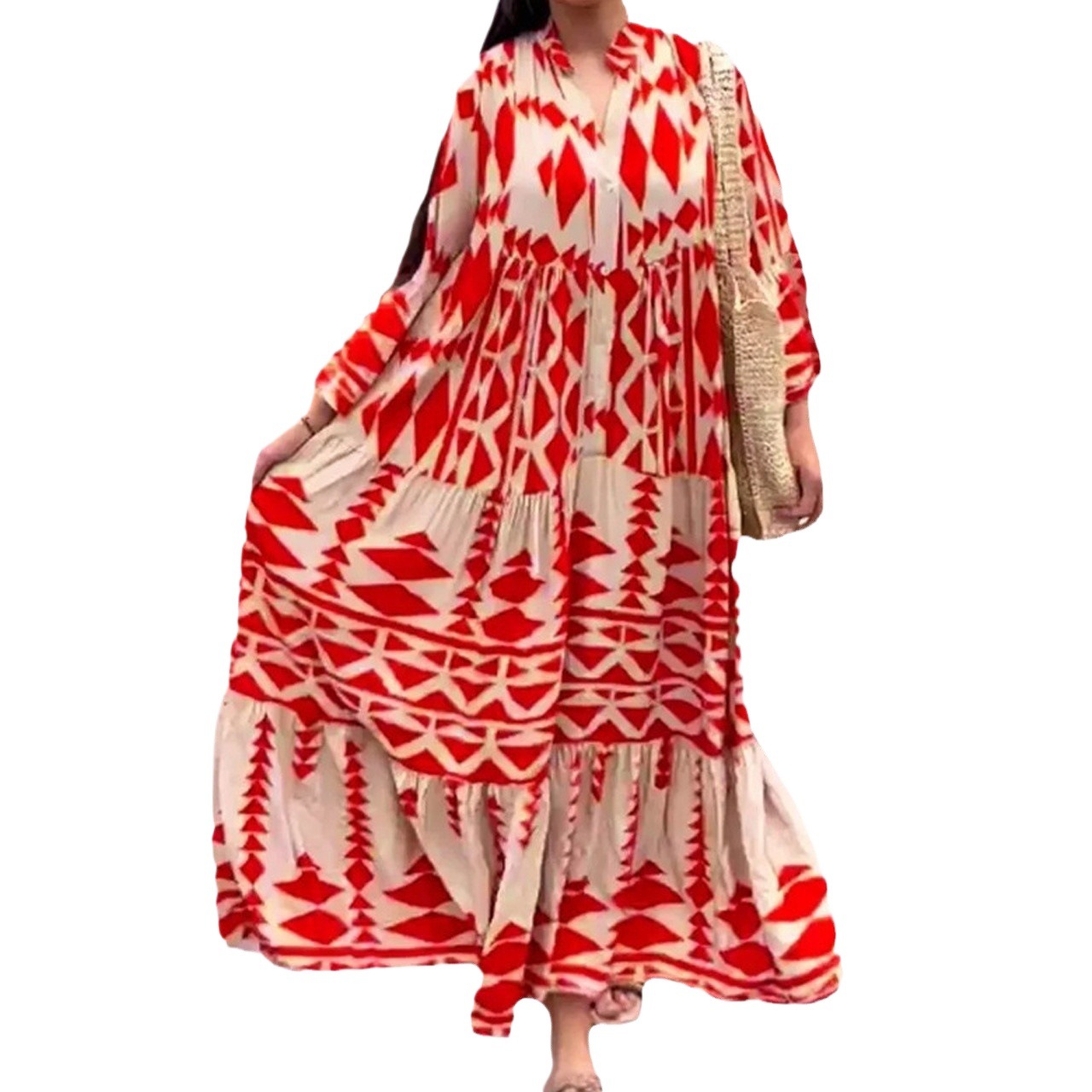 Plus Size Bohemian Print V-Neck A-Line Long Dress