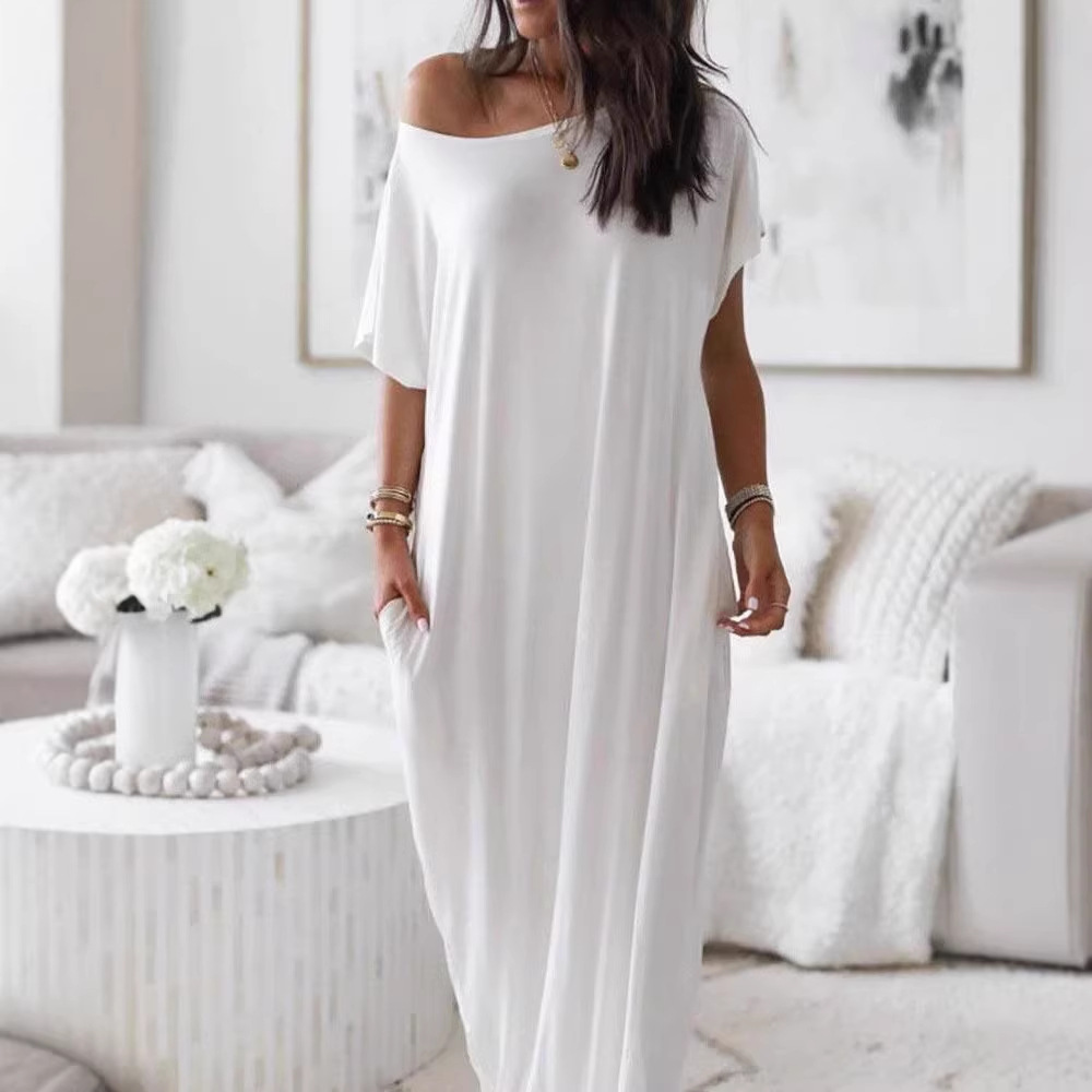 Women's Off-Shoulder Short Sleeve Casual Dress with Pockets