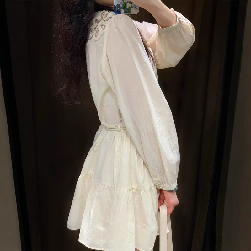 Women's Summer Floral Embroidered Long Sleeve Waist-Cinched Midi Dress