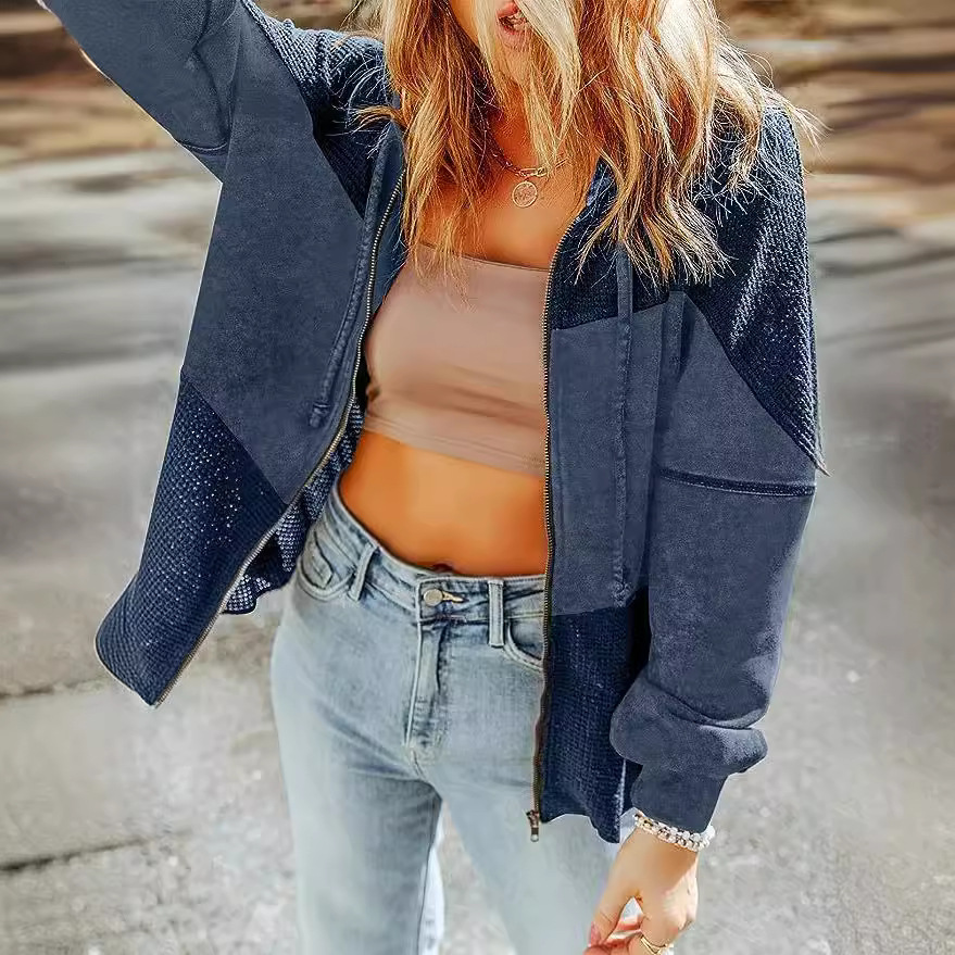 Color-Block Hooded Waffle Jacket with Drawstring
