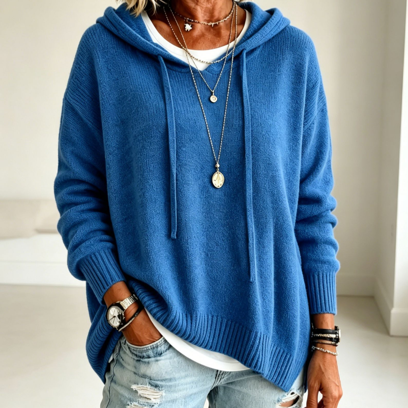Women's Knit Hooded Drawstring Pullover Sweater Loose Long Sleeve