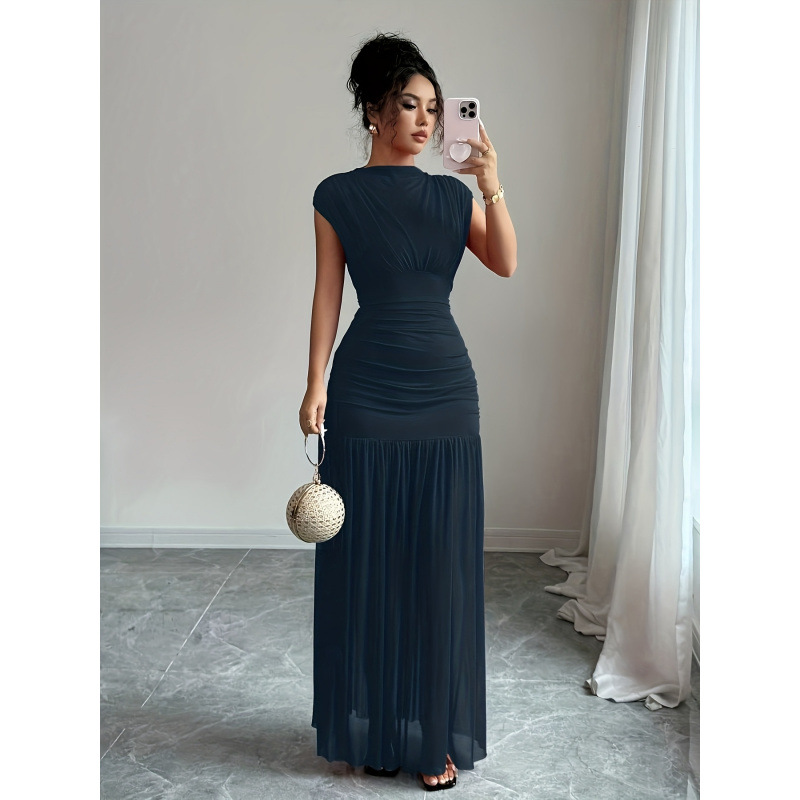 Women's Boat Neck Sleeveless Cutout Mesh Ruched Waist Long Dress