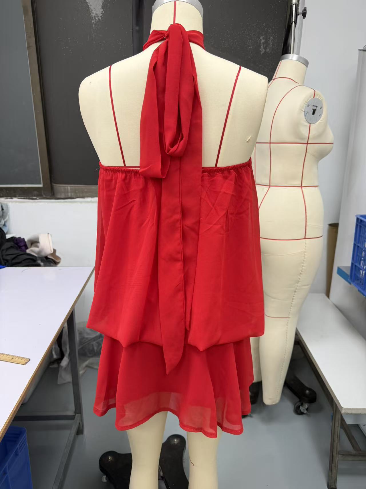 Solid Halter Neck Open Back Fitted Top Puff Skirt Mini Dress