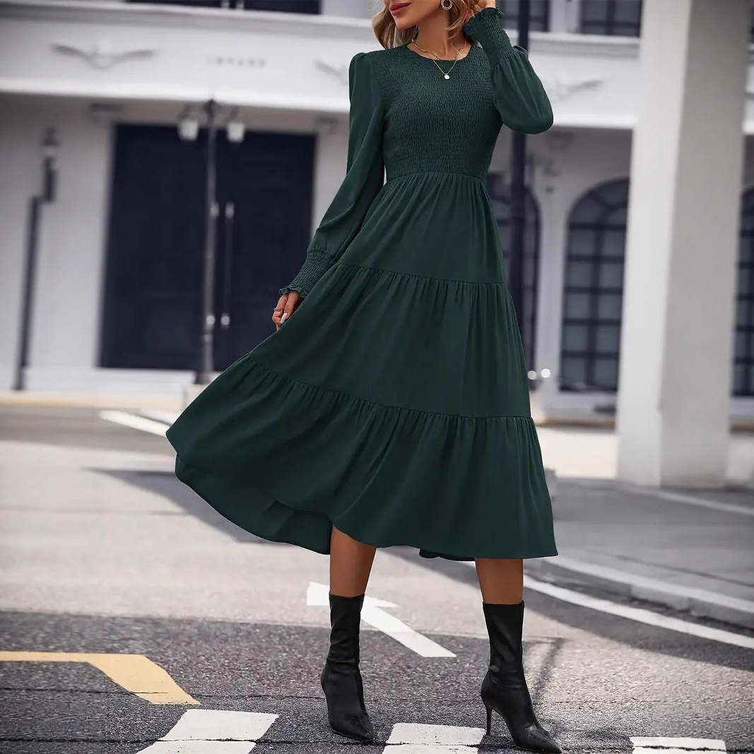 Elegant Ruffle Cuff Dress Solid Crew Neck A-Line Midi Dress