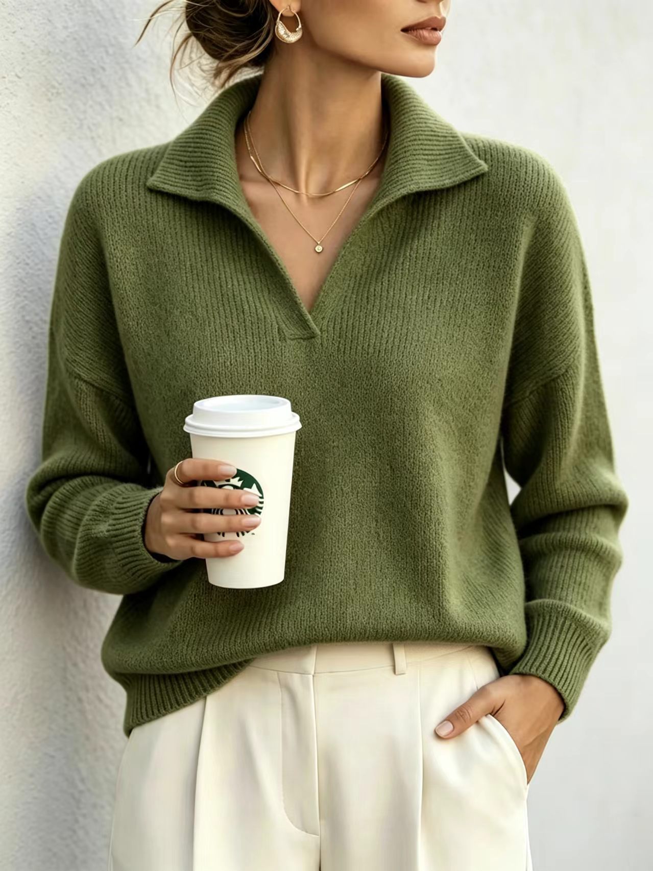 V-Neck Pullover Sweater Top Elegant Commuter Style Women's