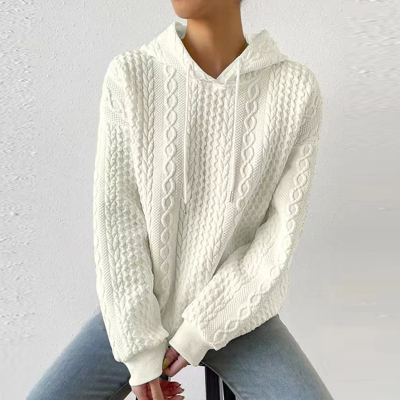 Plus Size Jacquard Hooded Lace-Up Long Sleeve Knit Sweatshirt