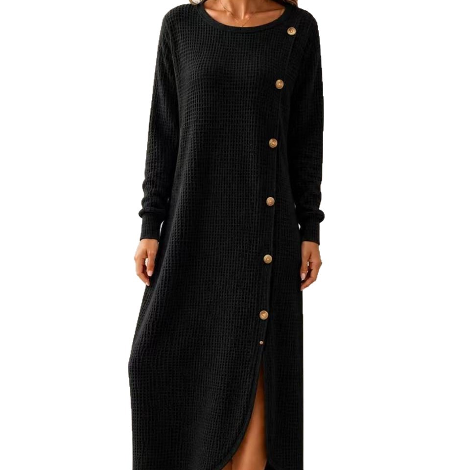 Waffle Knit Long Sleeve Button Slit Long Sweater Dress