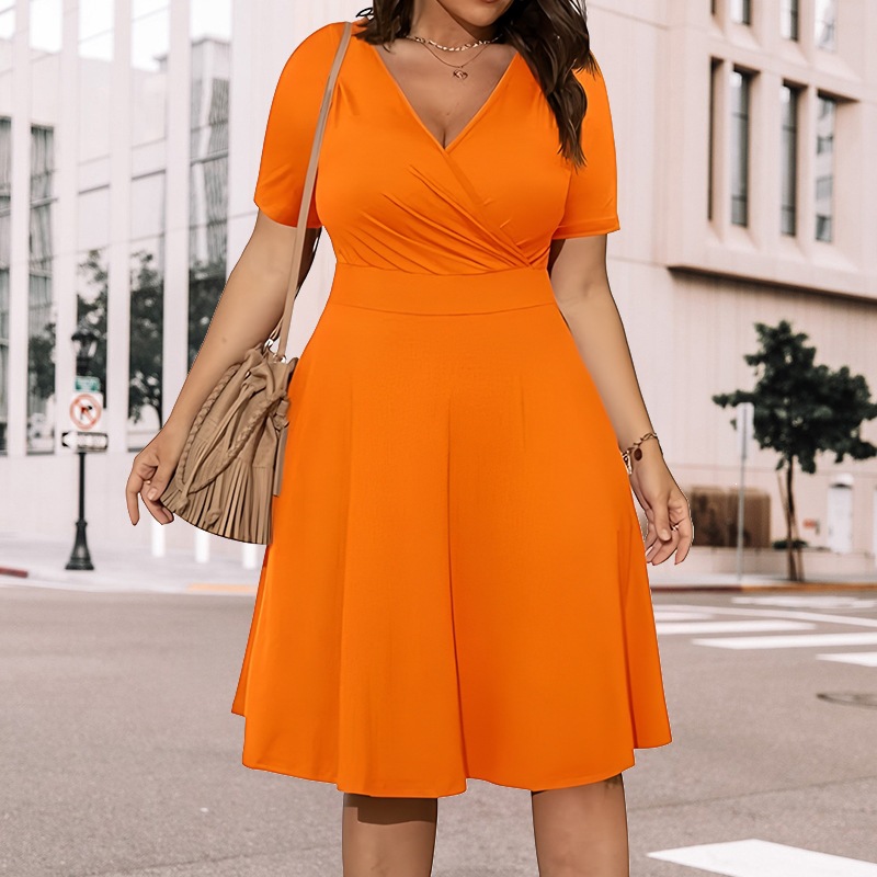 Women's V-Neck Pleated Midi Dress Short Sleeve Solid Color