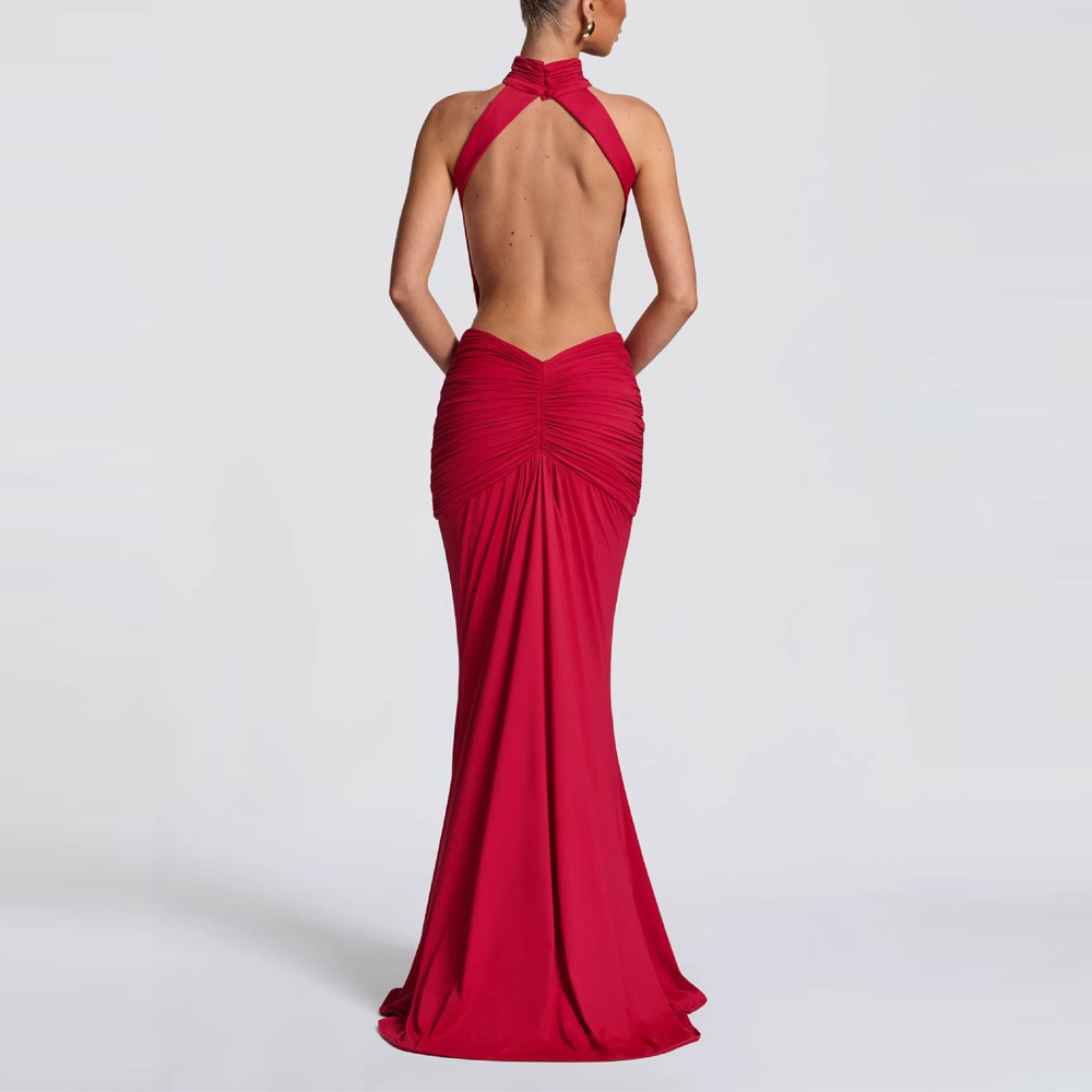 Women's Halter Neck Ruched Bodycon Maxi Dress High Neck Open Back Evening Gown