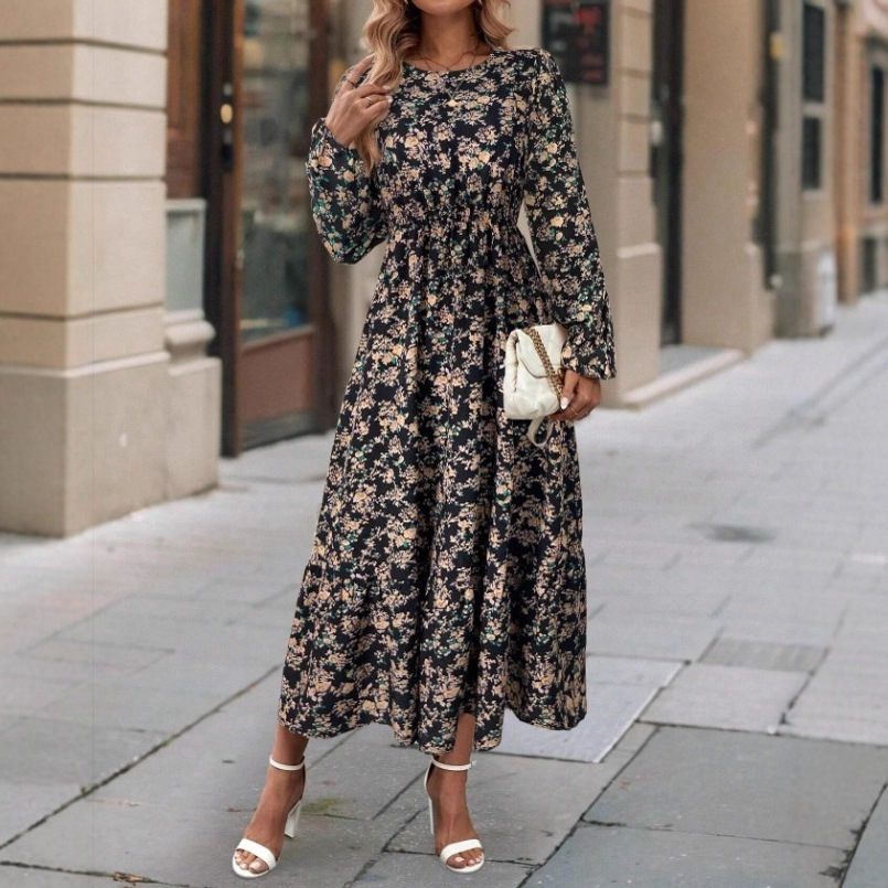 Vintage Floral Print Long Sleeve A-Line Dress
