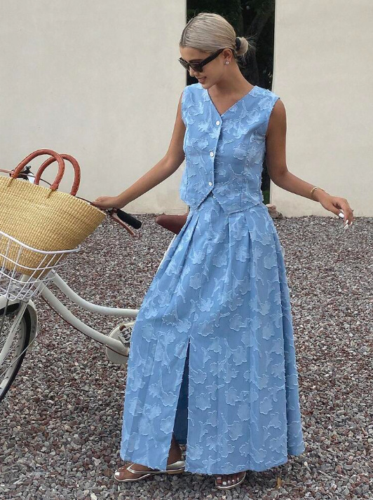 Women's Jacquard Vest and Long Skirt Set with Cinched Waist