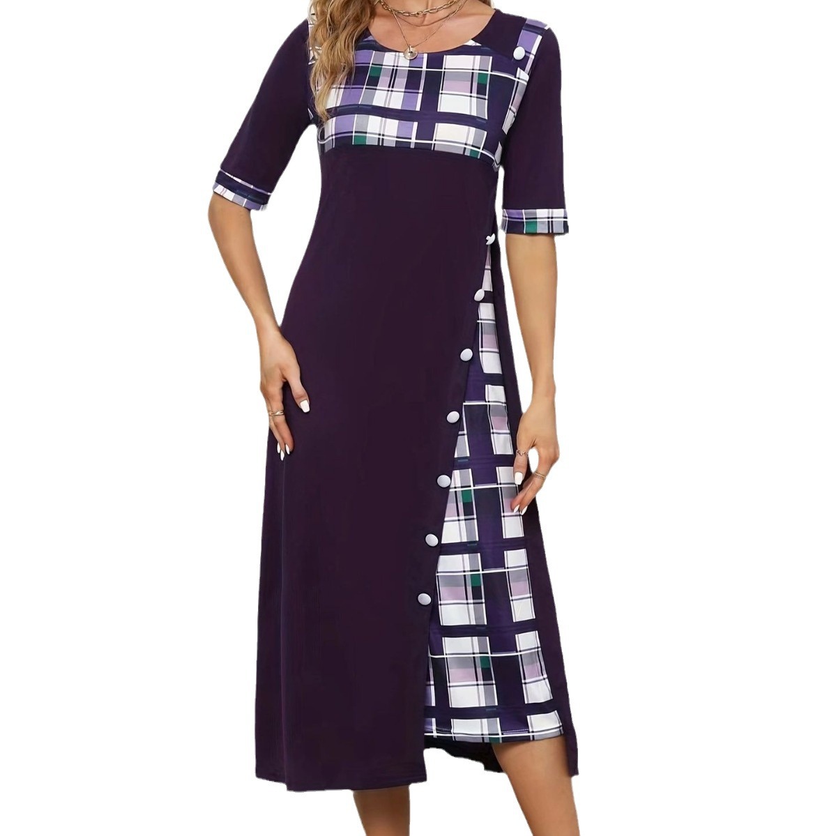 Irregular Plaid Patchwork Round Neck Half Sleeve Long Dress