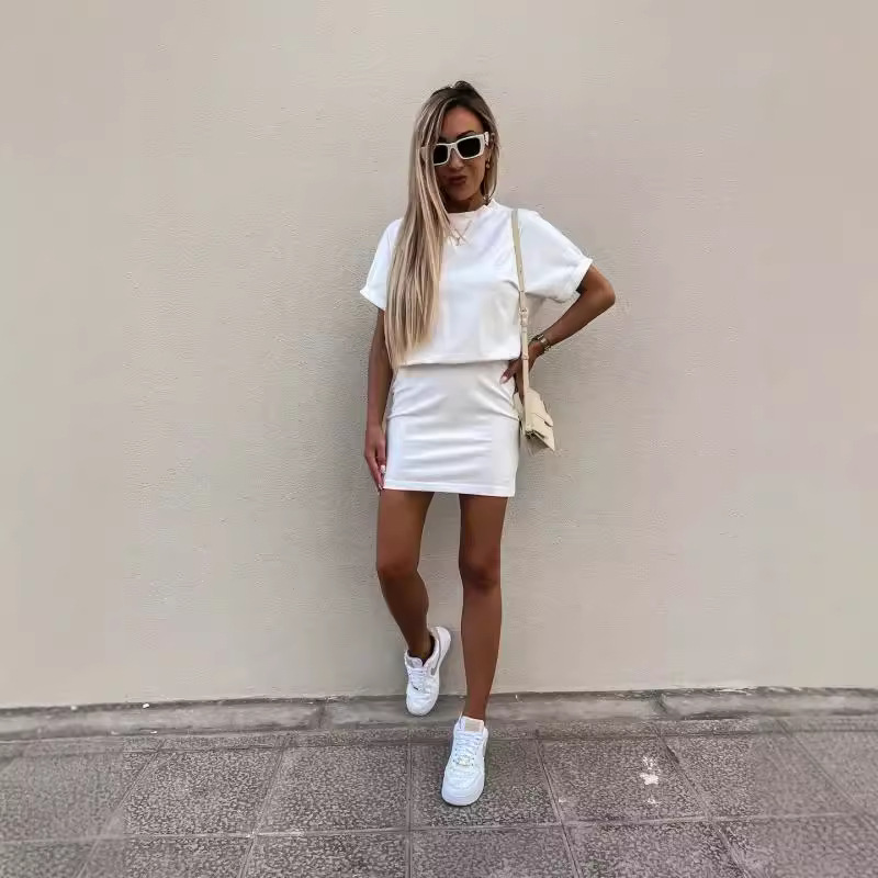 Women's Solid Color Casual Athletic Dress Short Sleeve Round Neck Elastic Waist