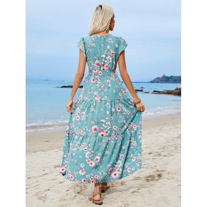 Floral Print V-Neck Tiered Midi Dress with Ruffle Sleeves