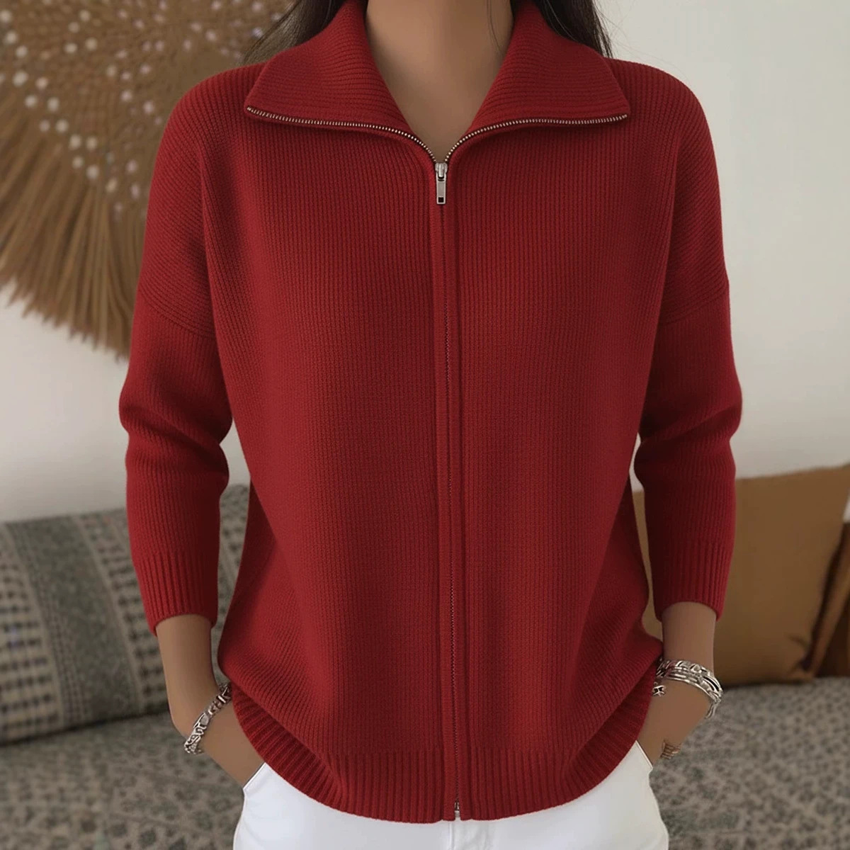 Women's Zip-Up Knit Cardigan Sweater with Collar, Solid Color, Loose Fit