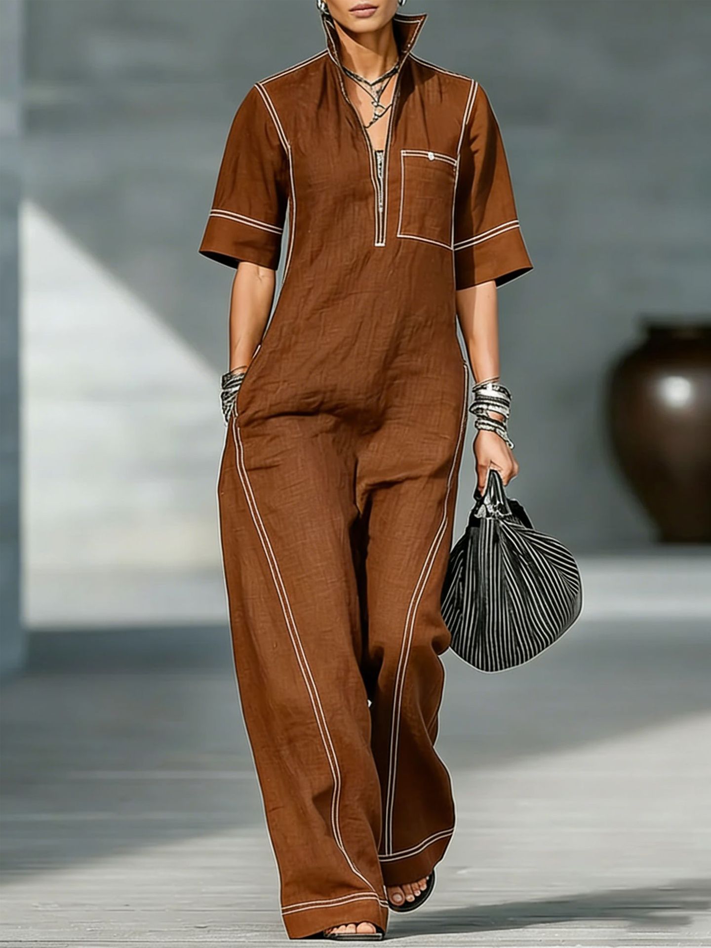 Women's Sleeveless Stand Collar Wide-Leg Jumpsuit Casual Loose Fit