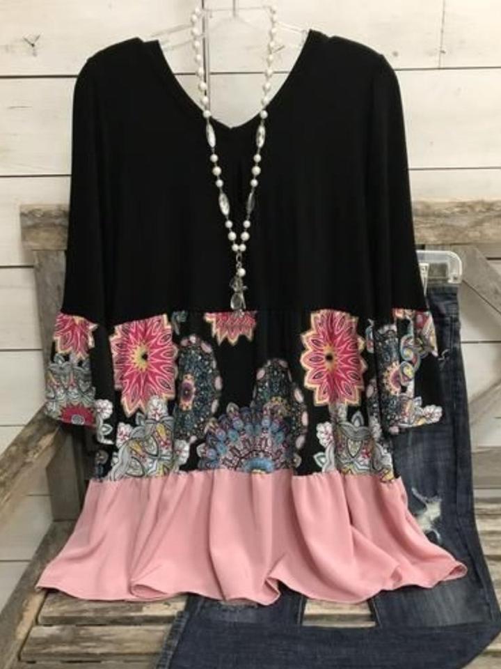 Plus Size V-Neck Floral Print Midi Dress Long Sleeve