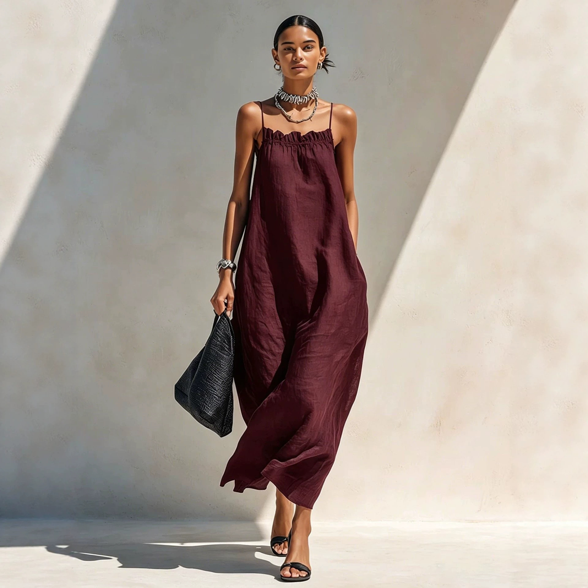 Off-Shoulder Cami Dress Long Straight Vacation Dress