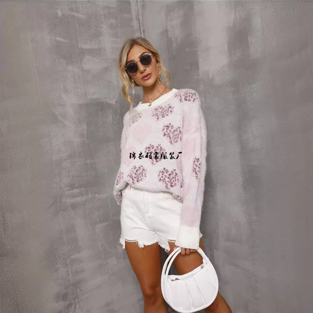 Plus Size Beaded Heart Crewneck Pullover Sweater