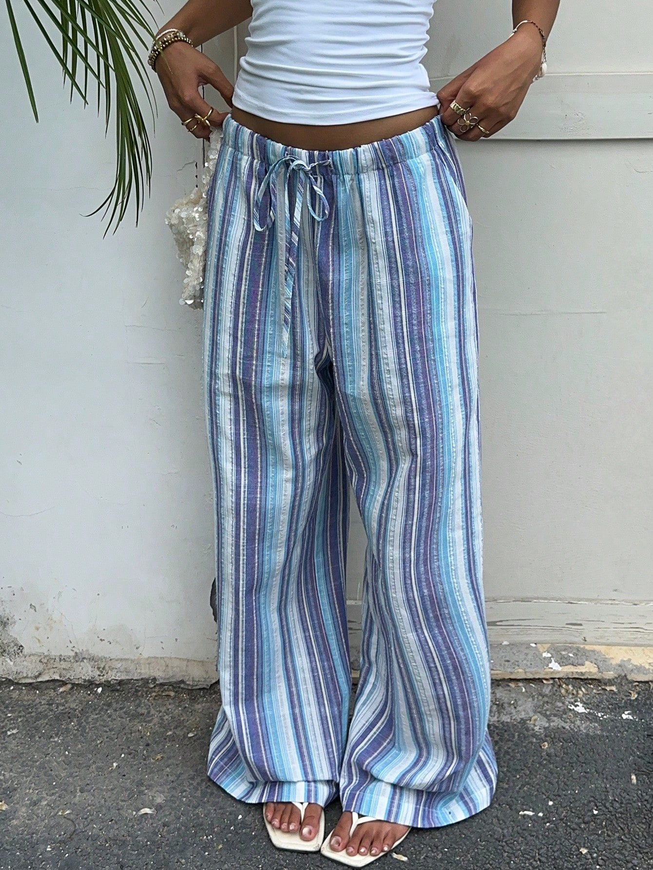 Striped Drawstring Wide-Leg Lounge Pants