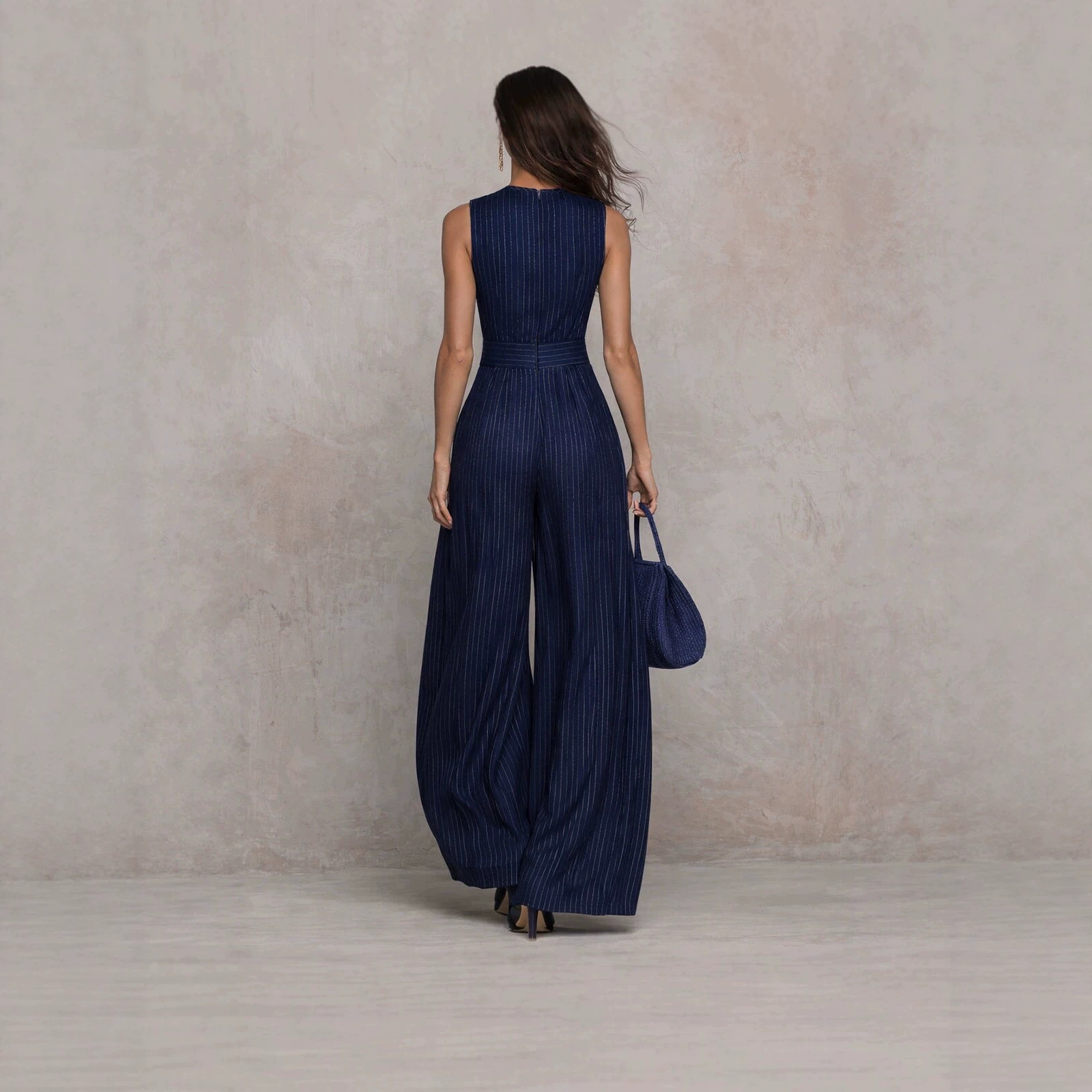 Deep Blue Striped Wide-Leg Sleeveless Jumpsuit