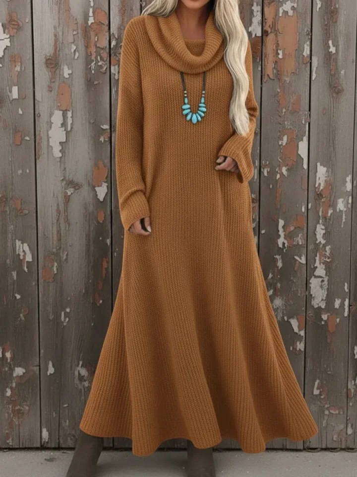 Long Loose Turtleneck Knit Sweater Dress