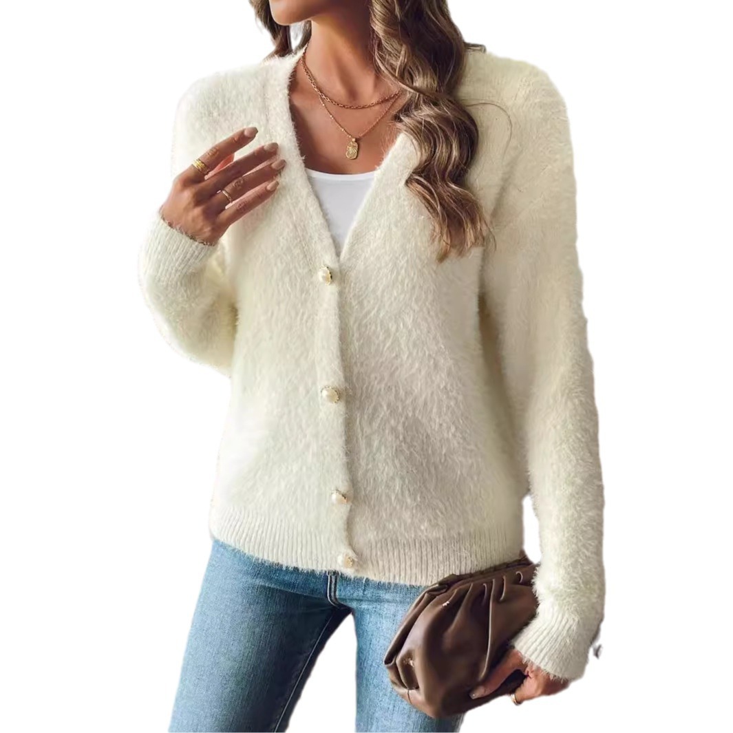 Women's Faux Mink Fur Cardigan with Pearl Buttons