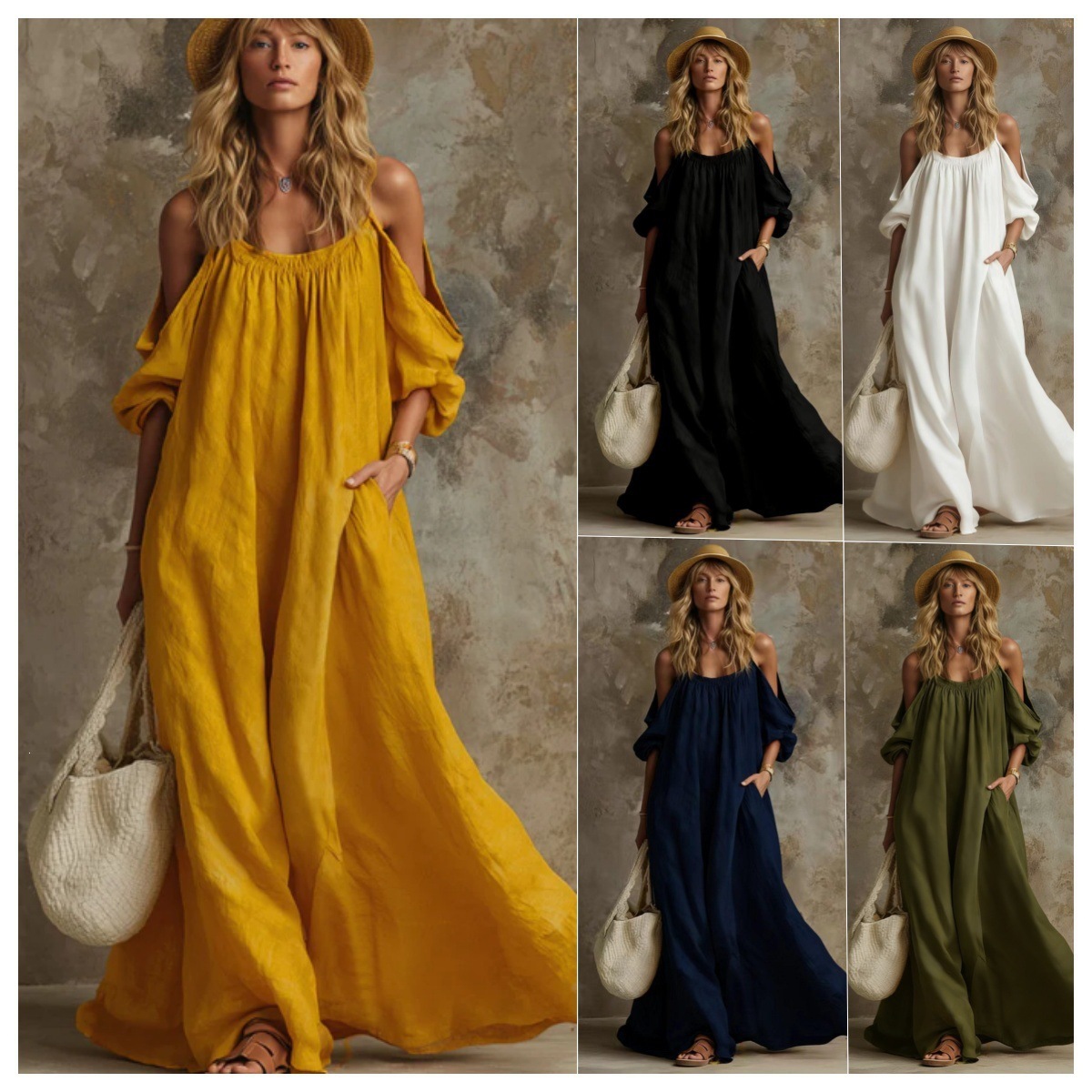 Cotton Linen Off-Shoulder Sundress with Pockets