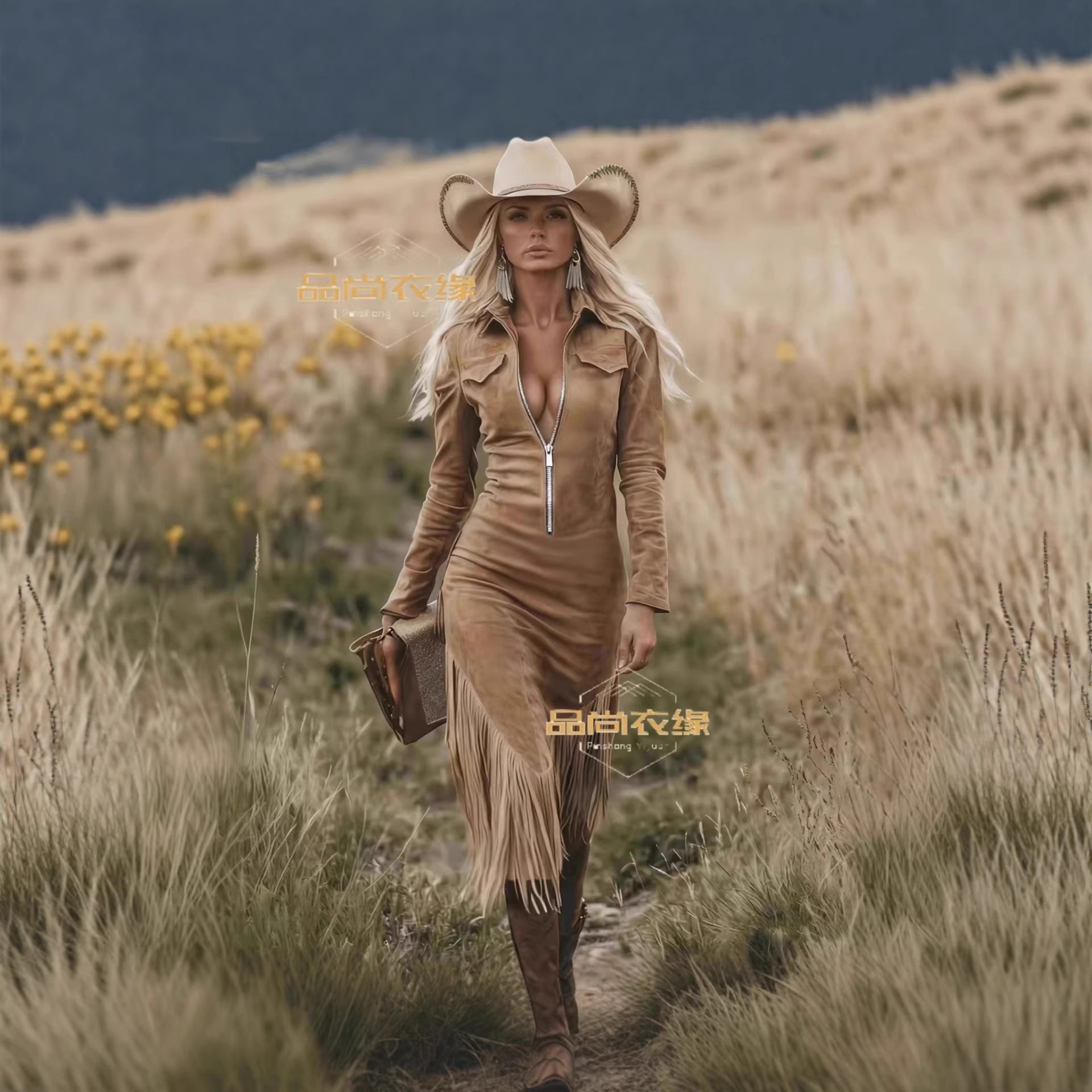Women's Retro Western Cowgirl Fringe Bodycon Midi Dress