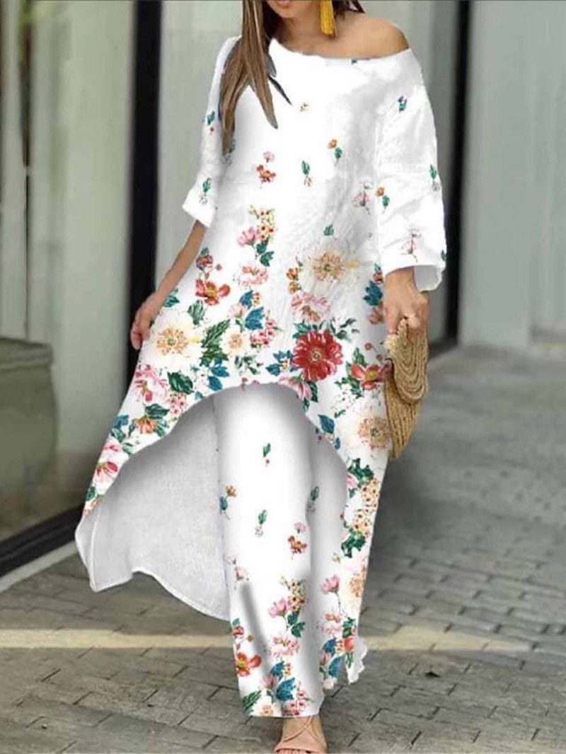Women's Loose Plus Size Irregular Print Two-Piece Straight Pants Set