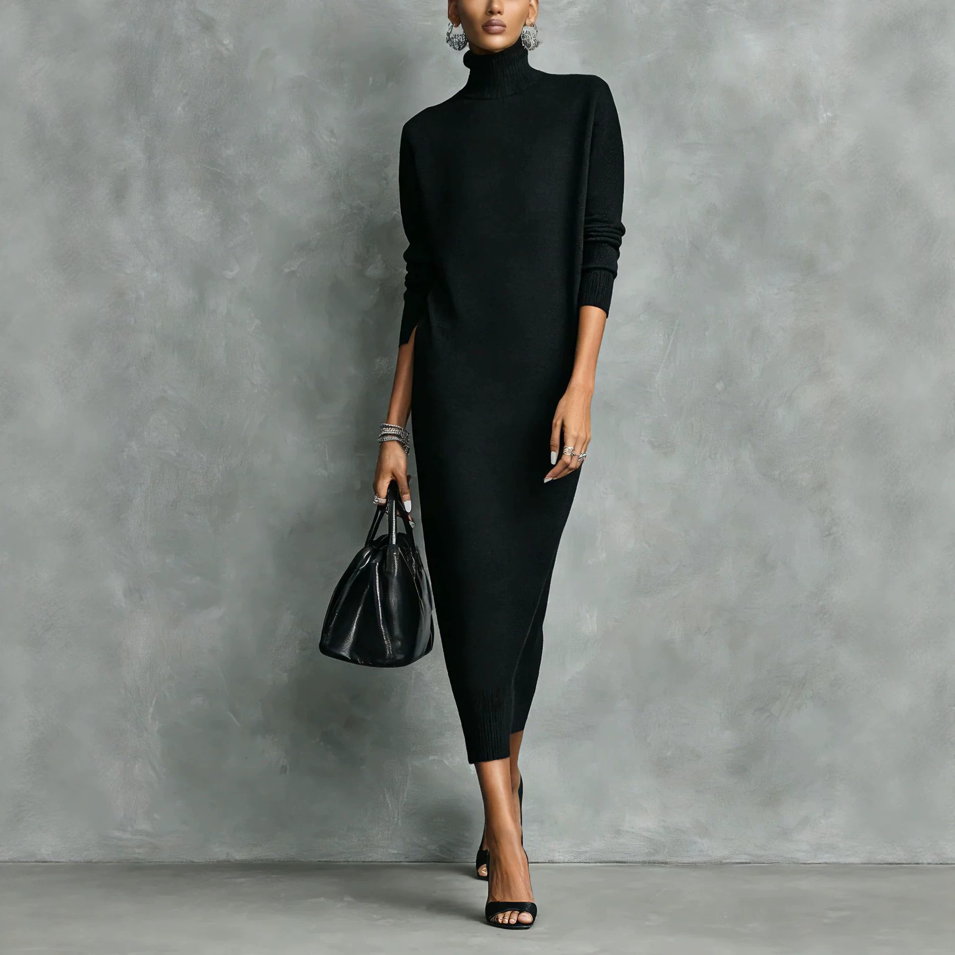 Women's High Neck Long Sleeve Loose Midi Dress