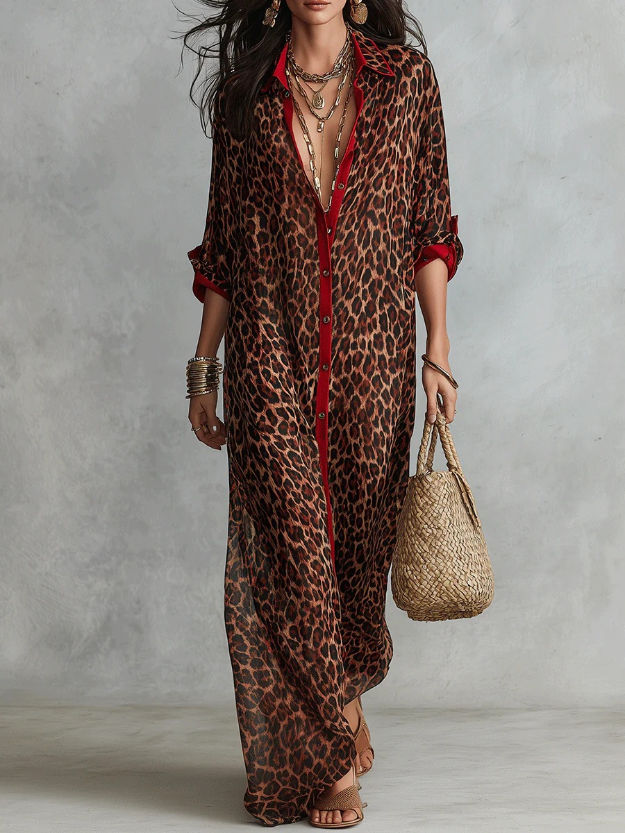 Retro Red-Trim Leopard Print Collared Long Shirt Dress
