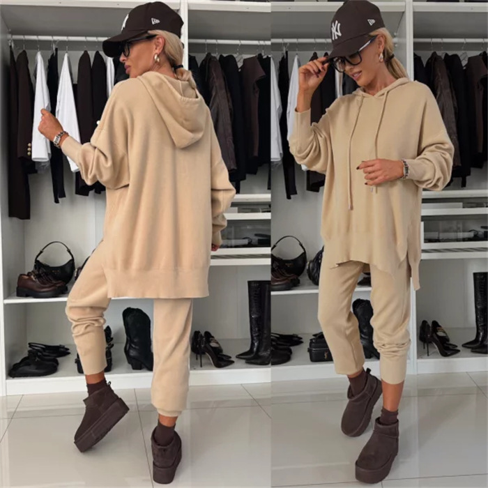 Women's Solid Color Loose Hooded Knit Two-Piece Set