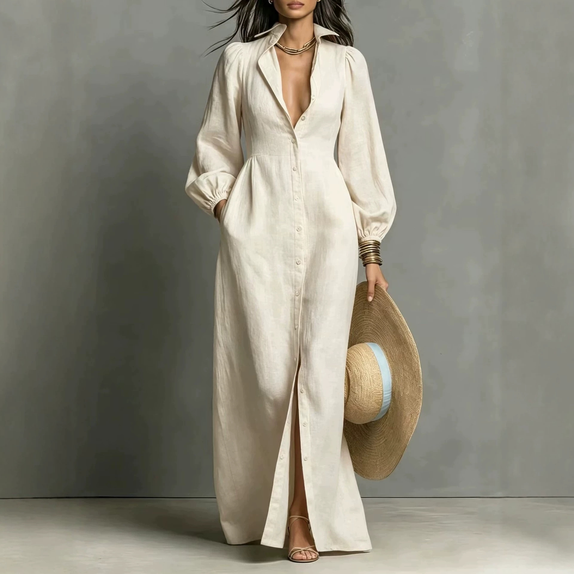 Women's Solid Button-Front Long Shirt Dress with Polo Collar
