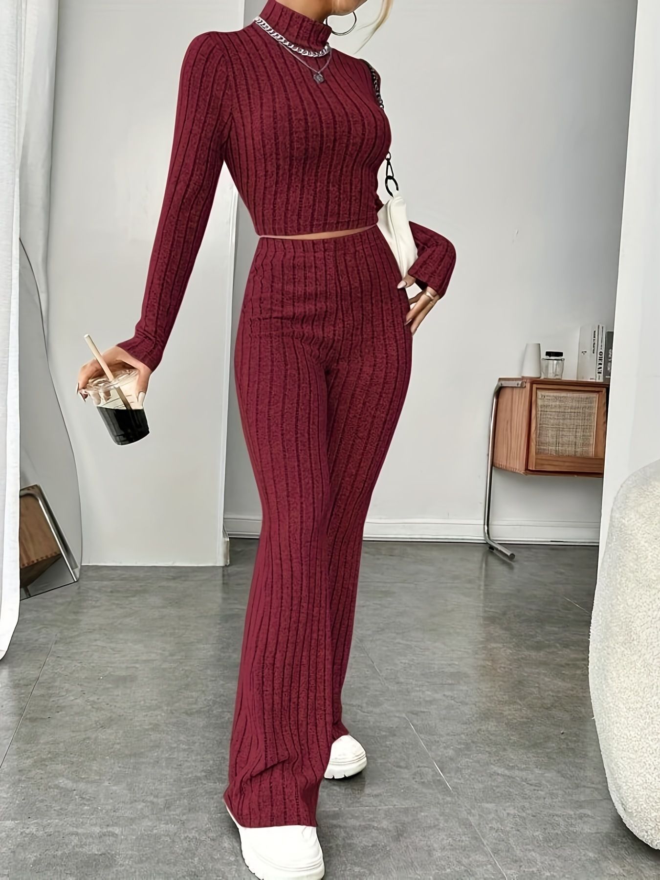 Women's Ribbed Knit Long Sleeve Two-Piece Set