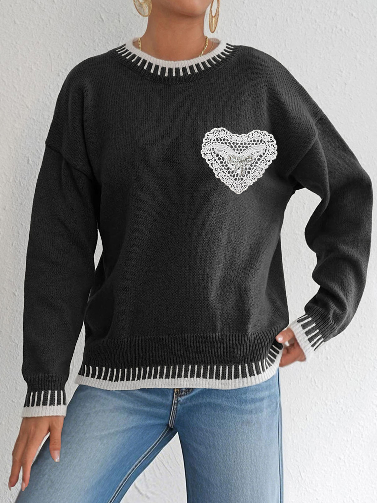 Colorblock Butterfly Lace Heart Pocket Pullover Sweater