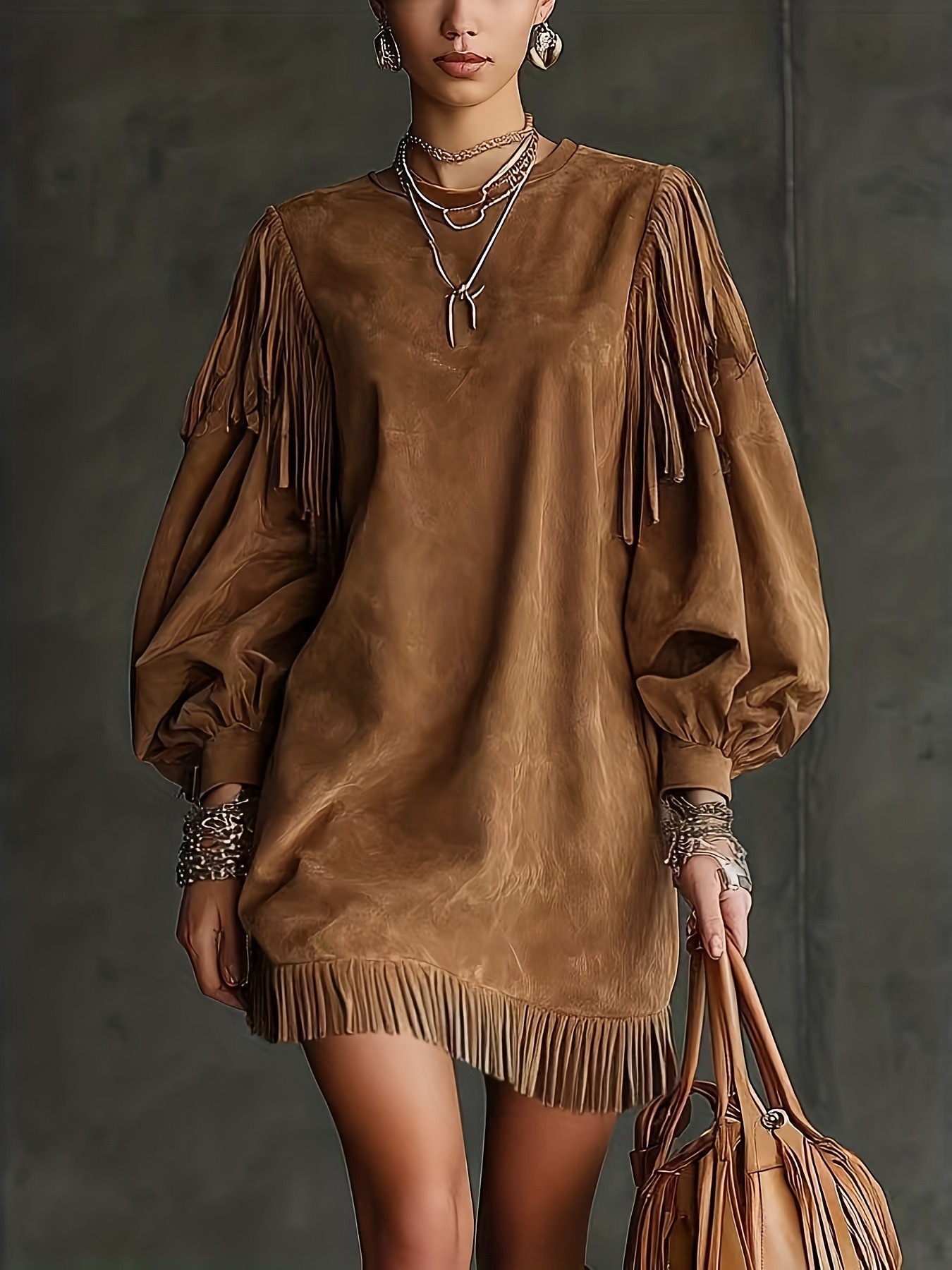 Women's Tassel Lantern Sleeve Short Dress - Loose Fit, Round Neck, Polyester Blend