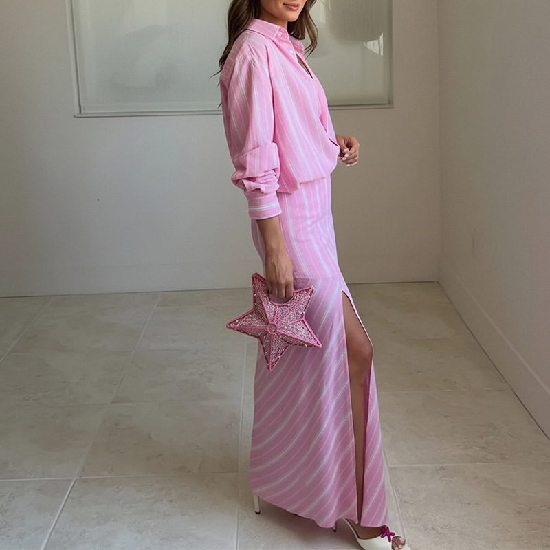 Women's Striped Long-Sleeve Shirt and Skirt Set