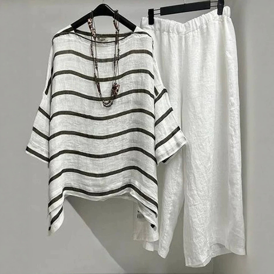 Striped Round Neck Five-Sleeve T-Shirt and Pants Set Women