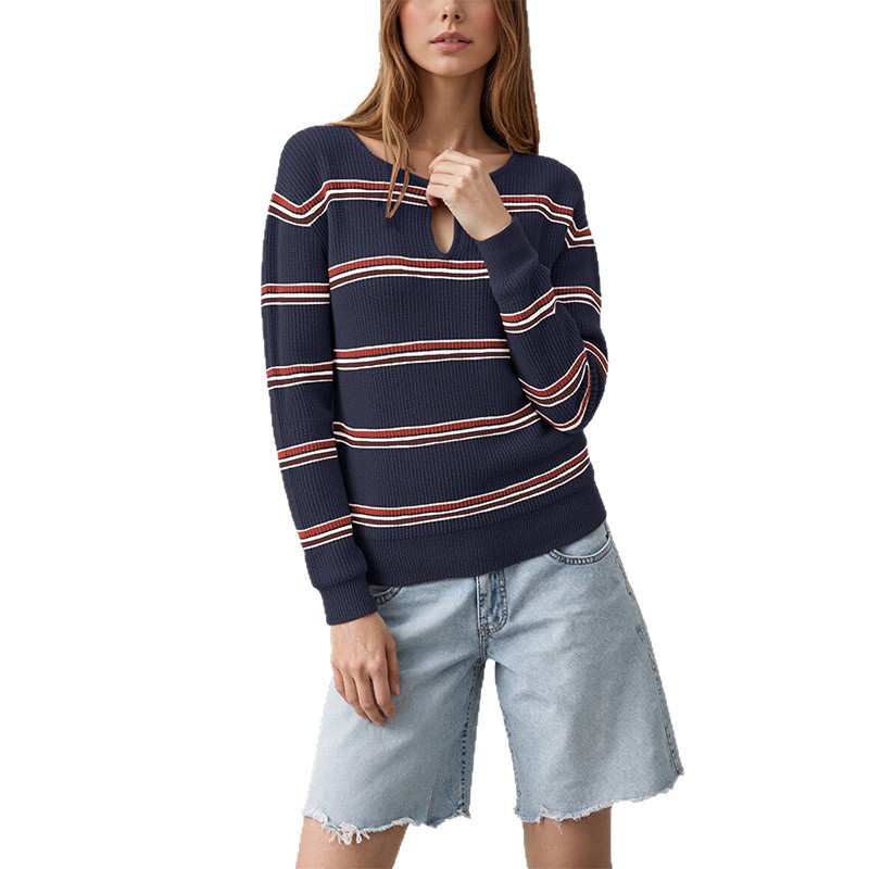 Women's Striped Crewneck Knit Sweater Slim Fit Long Sleeve Pullover