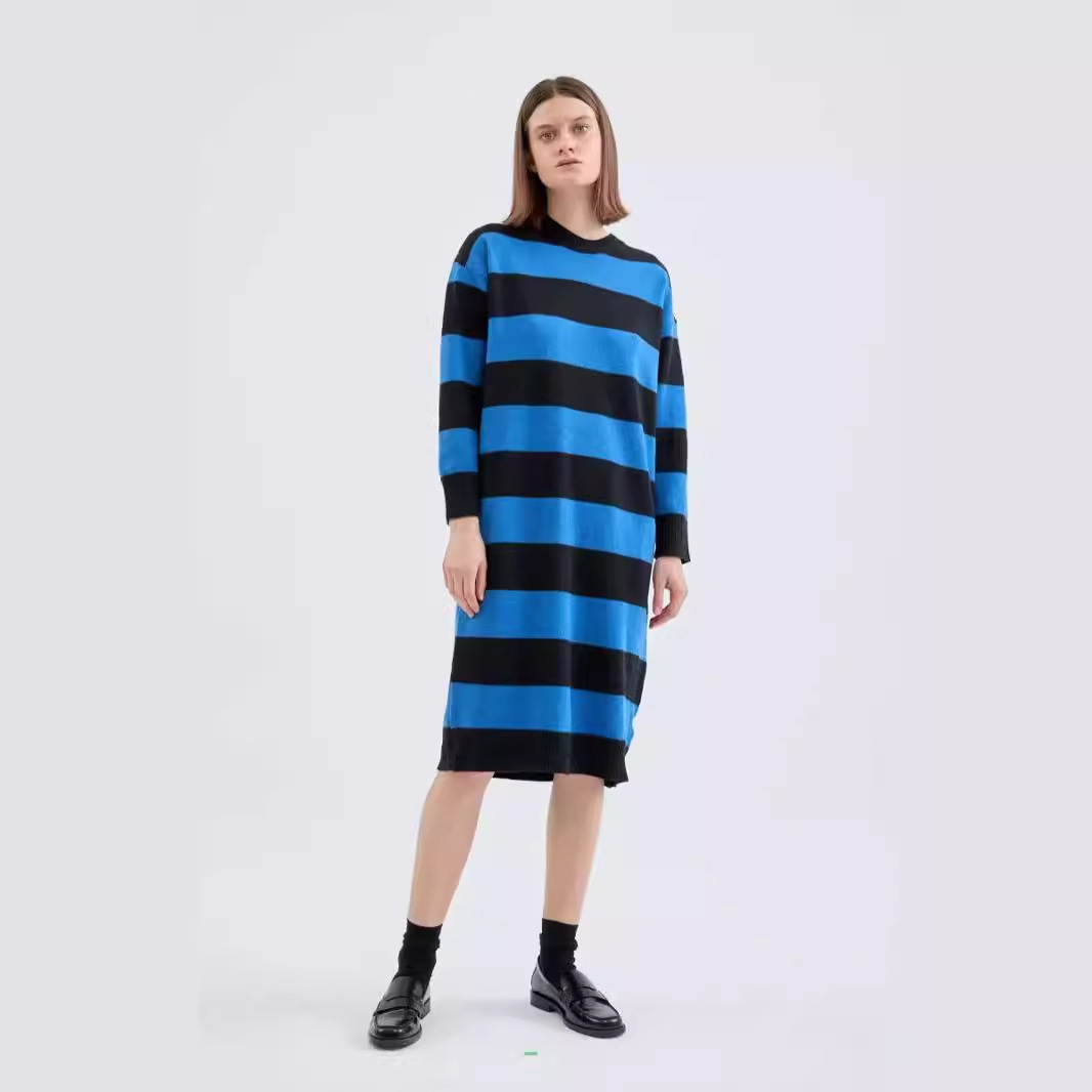 Striped Sweater Dress Round Neck Long Sleeve Loose Fit
