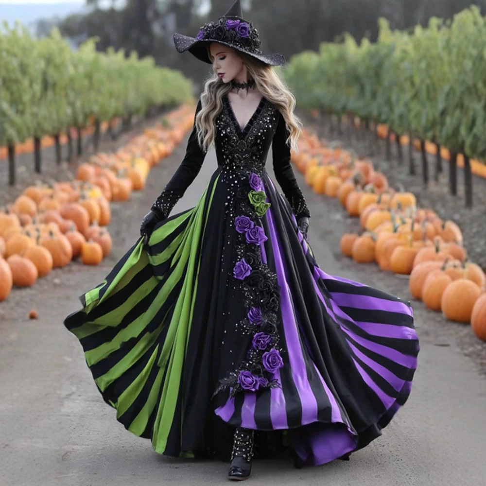 3D Digital Print V-Neck Long Sleeve Maxi Dress