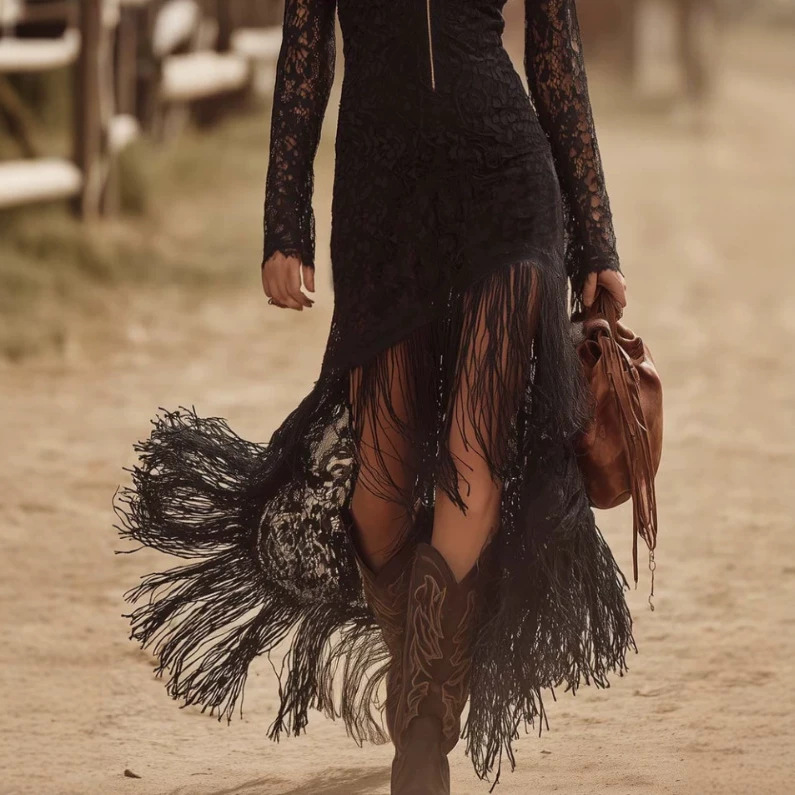 Elegant Black Lace Long Sleeve Maxi Dress with Zipper and Fringe