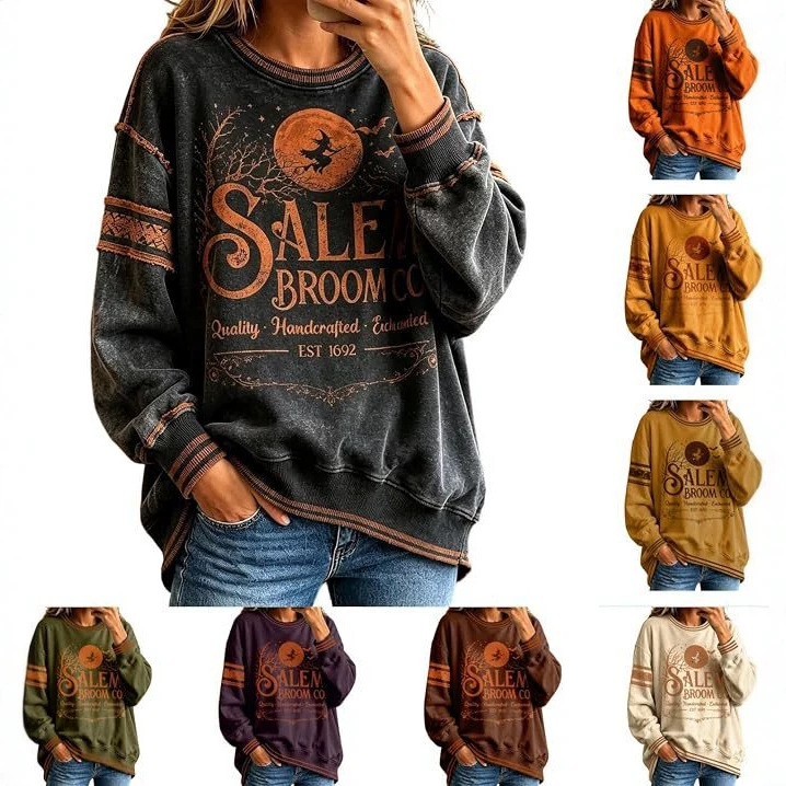 Halloween Letter Witch Print Crewneck Long-Sleeve Pullover Sweatshirt