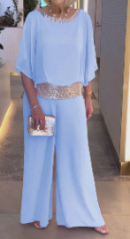 Solid Color Sequin Colorblock Batwing Sleeve Top and Wide-Leg Pants Set