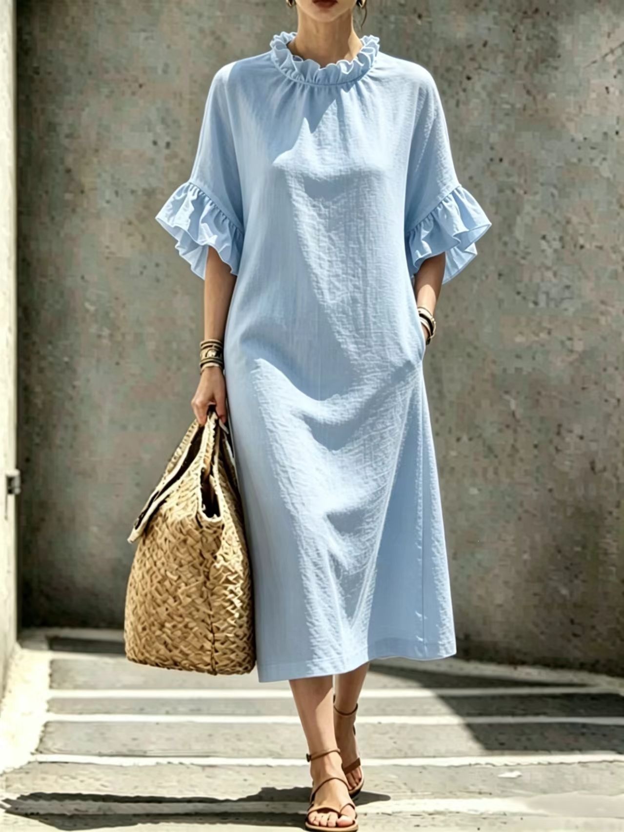 Women's Casual Midi Dress with Ruffle Trim and Geometric Print