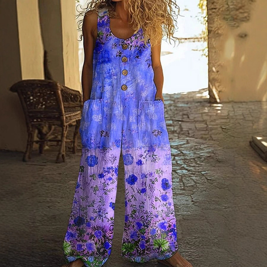 3D Floral Print Sleeveless Jumpsuit with Pockets